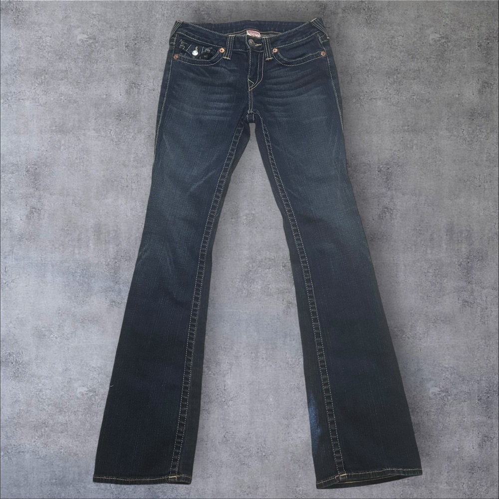 True Religion Becky Y2K Mid Rise Bootcut/ flare Denim Yellow Stitch Jean USA 28